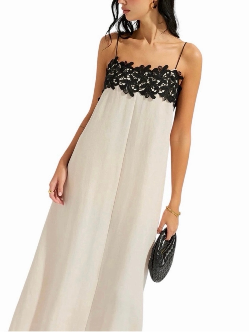 Commense Black Lace Trim Linen Blend Oatmeal Cami Maxi Dress Small NWT